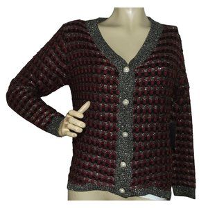 Womens Medium Red Black Gold Woven Plaid Acrylic Button Front Cardigan Sweater m
